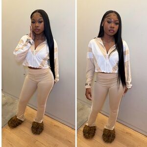 Stylish Beige and White Tracksuit with Fur Slippers